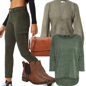 Krátká Outfit s Hnědá/Béžová Chelsea Boty/Kožená bunda/Plochá Kotníková Bota/Jezdecká Bota Mustang "Zimní outfity"