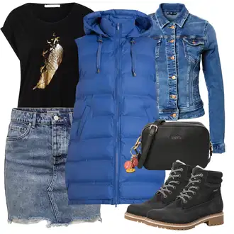 Džínovina Outfit s Tmavě modrá/Modrá Krátká Sukně/Džínová Sukně/Džínová vintage sukně/90tá Léta Sukně Only "Zimní outfity"