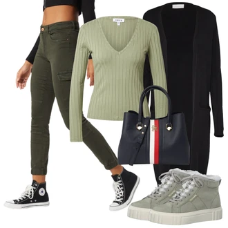 Outfit s Khaki/Tmav? zelená Cargo Kalhoty/Man?estrový legíny/Man?estrové Kalhoty/Jeggings/Skinny Kalhoty/Tregíny/Zimní Kalhoty Only "Zimní outfity"