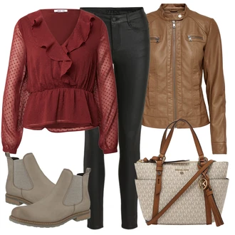 Outfit s Červená/Tmavě červená Elegantní Halenka/Halenka s Volánem/Rozverná blůza/Slavnostní Halenka/Neobvyklá Halenka/Průhledná blůza/Crash blůza/Dětská hračka/Extravagantní Halenka/Halenkový Top About You "Zimní outfity"