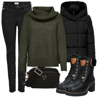 Outfit s Černá Kozačka Šněrovací Kotníková Bota/Vycpaná Kozačka/Motorkářská bota/Bojová Bota/Klasická Kozačka/Kožená bunda/Nepromokavá Kozačka/Kožená kotníková bota/Zimní kotníková bota/Kotníková Bota s Podšívkou Panama Jack "Zimní outfity"