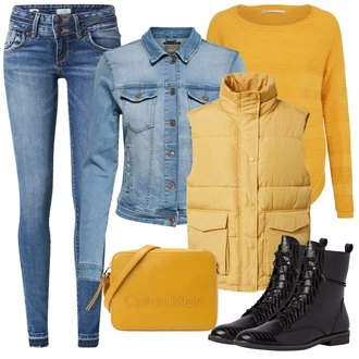 Outfit s Oranžová Dlouhé Šaty/Slim Fit Džíny/Dlouhé Kardigany/Dlouhý Svetr/Taška Přes Rameno/Dlouhý Zimní Kabát/Dlouhá tylová sukně/Doplňek Calvin Klein "Zimní outfity"