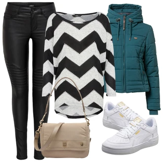 Outfity na zimu Krásný Výstřih na zádech s Šedá/Černá/Tmavě šedá Pletený top/Pletené tričko/Pruhované Tričko Only "Zimní outfity"Look: Blokování barev, Emo, Cool, Layered, Moderní, Krásný, Skater, Univerzitní