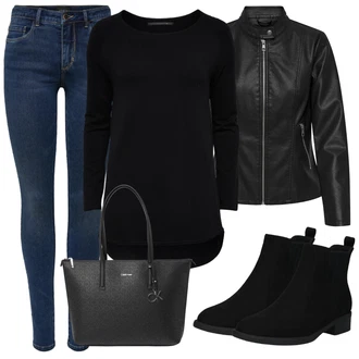 Skromné Outfit s Černá Dámská Ponožková Bota/Chelsea Boty/Plochá Kotníková Bota/Gumová Kotníková Bota/Kožená bunda/Letní kotníková kozačka About You "Zimní outfity"Look: Cool, Duckfeet, Elegantní, Krásný, Old Money, Bezešvé, Skromné
