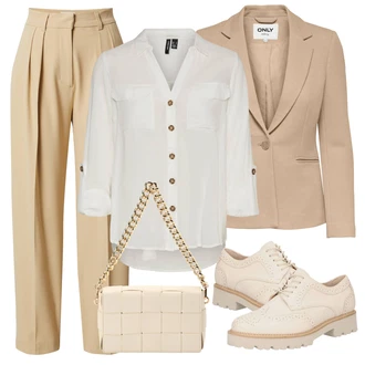 Outfit s Šedá/Khaki/Bílá/Hnědá/Béžová/Světle zelená Tunikové Tričko/Halenka S 3/4 Rukávem/Blůza s nášivkou na lokti/Oversize Muselínová Blůza/Kožená bunda/Blůza s knoflíčkem Vero Moda Tall "Zimní outfity"