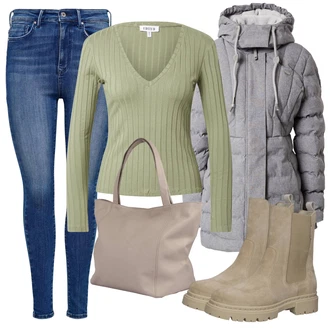 Outfit s Béžová/Hnědá/Khaki Bota Chelsea Boty/Kožená bunda/Plochá Kotníková Bota/Kotníková Bota s Podšívkou/Gumová Kotníková Bota/Klasická kozačka Bullboxer "Zimní outfity"