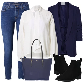 Skromné Outfit s Černá Dámská Ponožková Bota/Chelsea Boty/Plochá Kotníková Bota/Gumová Kotníková Bota/Kožená bunda/Letní kotníková kozačka About You "Zimní outfity"Look: Cool, Duckfeet, Elegantní, Krásný, Old Money, Bezešvé, Skromné