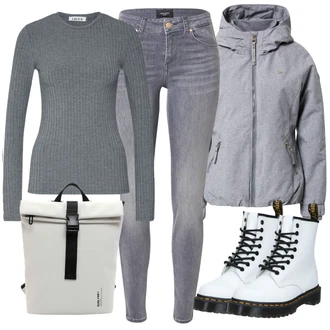 Outfit s Červená/Krémová/Bílá Šněrovací Kotníková Bota/Klasická kozačka/Bojová Bota Dr. Martens "Zimní outfity"