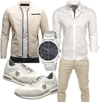 Motorrad Outfit mit Beige/Khaki Kunstfaserjacke/Motorradjacke/Kunstlederjacke/Frühlingsjacke/Sommerjacke/Jacke mit Seitlichem Reißverschluss Crone "Business Outfit"Look: Reiten, Motorrad