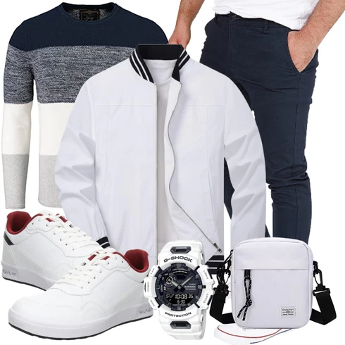Elegant Jeans Dunkelblau/Weiß/Creme FrühlingsJacke/UniformJacke/SommerJacke/BomberJacke/CollegeJacke TACVASEN kombinierenLook: Outdoor, Elegant, Indoor, Classic, Casual, Vintage, Büro, Uni, Sportlich, Preppy, Unisex, Skater, Retro