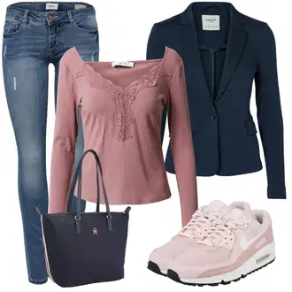 za srednje godine Outfit sa Pink/Ljubičasta Majica i top/Majica I Top Veći Broj/Bluza Veći Broj/Bluza i Tunika About You "Cool proljetni look"Look: za srednje godine, Babydoll, Romantičan, Sveučilišna, Rad, Francuske