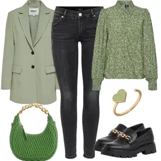 Outfit sa Zeleno/Tamnozelena Bluza s Puf Rukavom/Oversize Bluza/Bluza s Printom/Bluza s Podignutim Ovratnikom/Bluza s Uzorkom/Dječja igračka/Bluza Vrh/Carmen Bluza VERO MODA "Cool proljetni look"