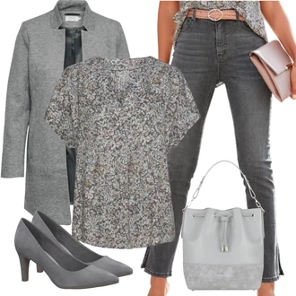 Outfit s Šedá/Světle šedá/Béžová/Tmavě šedá/Hnědá Halenka s Krátkým Rukávem/Tunikové Tričko/Halenkový Top/Halenka s Potiskem/Tunika s Krátkým Rukávem/Třpytivá Halenka/Klasická tunika/Vzorovaná Halenka VIVANCE "Cool vzhled na jaro"