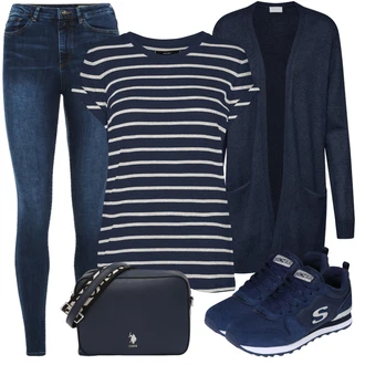 Outfit s Modrá/Tmavě modrá/Světle modrá Teniska teddy/Letní tenisky/Teniska se zapínáním na suchý zip/Úzká teniska/Nízká Teniska/Vintage teniska Skechers "Cool vzhled na jaro"