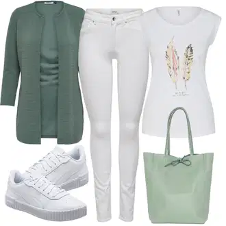 Outfit s Tyrkysový/Zelená/Khaki Pletenina veľkej veľkosti/Tunika/Kabát/Kalhoty Veľké Veľkosti Only "Cool vzhled na jaro"