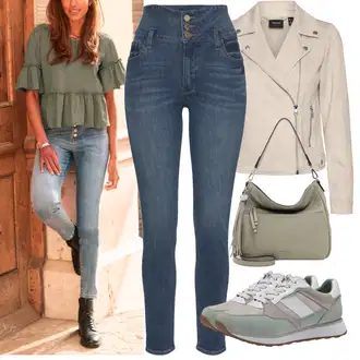 Šik Outfit s Modrá/Světle modrá/Tmavě modrá Džíny Kožená bunda/Push up Džín/Capri Džíny/Navlékací Džíny/Kožené Boty/Zkrácené Džíny/Slim Fit Džíny/Dámské Džíny s Délkou 7/8/Termální Džíny/Kotníková Bota Lascana "Cool vzhled na jaro"Look: Styl, Ležérní, Šik, Cool, Disko, Moderní, Krásný, Old Money
