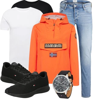 Outfit mit HellBlau/Blau Slim Fit Jeans/Lederjacke/Leder Schuhe/Push up Jeans/Low Rise Jean/Winterjacke/Jeans mit Schlitz/Regular-Fit Jeans/Knöchelstiefel/Herren Lederjacke/Schlupfjeans/Low Waist Jean/Tapered-Jeans Jack & Jones "Cooler Look für den Frühling"