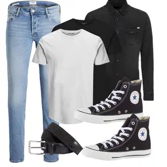 Outfit mit HellBlau/Blau Slim Fit Jeans/Lederjacke/Leder Schuhe/Push up Jeans/Low Rise Jean/Winterjacke/Jeans mit Schlitz/Regular-Fit Jeans/Knöchelstiefel/Herren Lederjacke/Schlupfjeans/Low Waist Jean/Tapered-Jeans Jack & Jones "Cooles outfit"