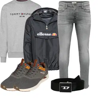 Vintage Outfit mit Grau/Hellgrau Sweatmode/Damen Pullover/Sport Sweatshirt/Women's Fleece Sweatshirts/Unisex Hoodie Tommy Hilfiger "Cooles Outfit"Look: Rad, 70er, Vintage, Retro, Rap, Moderne, Skater, Uni