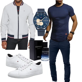 Outfit mit Grau/Hellblau/Weiß/Hellgrau/Creme Übergangsjacke/Kastenjacke/Trachtenstrickjacke/Uniformjacke/Wendejacke/Sportjacke/Collegejacke/Bomberjacke/Segeljacke Tommy Hilfiger "Cooles Outfit"