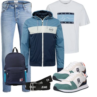 Outfit mit Hellblau/Blau Slim Fit Jeans/Lederjacke/Leder Schuhe/Push up Jeans/Low Rise Jean/Winterjacke/Jeans mit Schlitz/Regular-Fit Jeans/Knöchelstiefel/Herren Lederjacke/Schlupfjeans/Low Waist Jean/Tapered-Jeans Jack & Jones "Cooles Outfit"