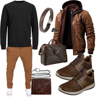 Motorrad Outfit mit Dunkelbraun/Braun Kapuzenjacke/Außergewöhnliche Jacke/Herbstjacke/Jacke mit Seitlichem Reißverschluss/Winterjacke/Kunstlederjacke/Bikerjacke/Leder Bomberjacke/Motorradjacke/Vintage Lederjacke FLAVOR "Cooles Outfit"Look: Motorrad, Reiten