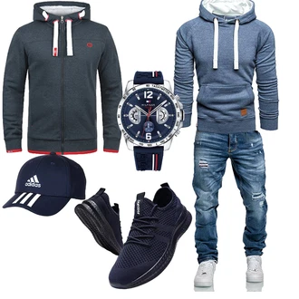 Groß Outfit mit Dunkelblau/Rot/Hellblau Pullover mit Reißverschluss/KapuzenPullover/Hoodie/Sport Sweatshirt/Ausgefallener Hoodie/Strick Hoodie/Sweatjacke !Solid "Cooles Outfit"