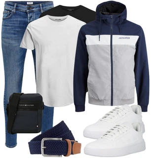 Retro Outfit mit Blau/Hellblau Lederjacke/Push up Jeans/Knöchelstiefel/Slim Fit Jeans/Leder Schuhe/Damen 7/8-Länge Jeans/Jeans mit Schlitz/Low Rise Jean/Schlupfjeans/Winterjacke/Thermojeans/Biker Jeans Only & Sons "Cooles Outfit"Look: Uni, Coole, Schlichte, Retro, Old Money, Classic, Schön