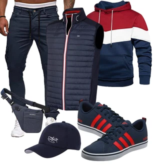 Vintage Outfit mit Mischfarben/Dunkelblau/Rot Pullover mit Reißverschluss/Kapuzenpullover/Strick Hoodie/Unisex Hoodie/Sport Sweatshirt/Hoodie/Ausgefallener Hoodie MANLUODANNI "Cooles Outfit"Look: Hip Hop, Classic, Sportlich, Vintage, Schlichte, Zuhause, Color Blocking, Maritim, Lagenlook, Coole, Retro, Rap, Skater
