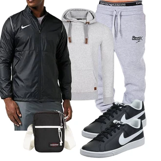 Sport Outfits Winter mit Schwarz/Dunkelgrau/Grau Nylonjacke/2in1 Jacke/Langlaufjacke/Windbreaker Jacke/Kastenjacke/Laufjacke Nike "Cooles Outfit"