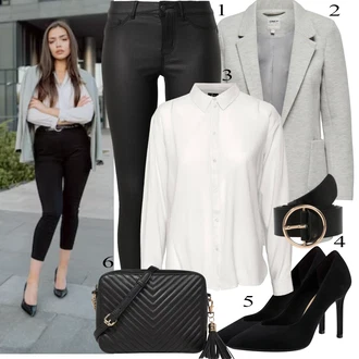 outfit mit Črna/Bela Usnjena Hlača/Leginge v Videzu Usnja/Usnjena pajkica/Treggings/Skinny Hlače/Hlače iz Imitacije Usnja Pieces "Pokrivalo za pomlad"