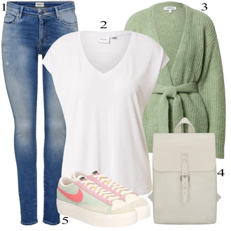 Normalno prileganje outfit mit Svetlo zelena/Temno zelena/Zelena/Svetlo modra Dizajn navijanja pletene jopa/Kardigan iz kašmirja/Volnena jopica Edited "Pokrivalo za pomlad"