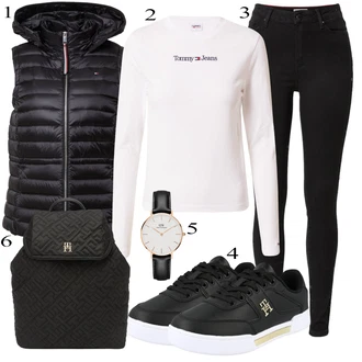 Prešite outfit mit Črna Usnjena Jakna/Motoristične Kavbojke/Kavbojke Visokega Pasu/Push up Kavbojke/Usnjene Čevlje/Termodžinsi/Zimska jakna Tommy Hilfiger "Pokrivalo za pomlad"
