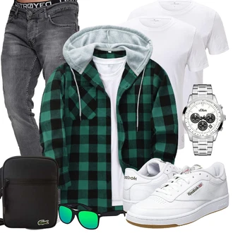 Outfit mit Grün/Dunkelgrün/Türkis Kariertes Hemd SwissWell "Freizeit Outfit"