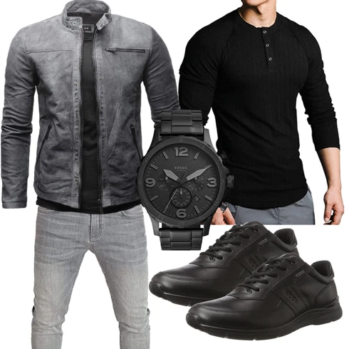 Dunkelgrau/Grau/Dunkelblau Leder Bomberjacke/Motorradjacke/Bikerjacke/Jacke mit Seitlichem Reißverschluss/KunstLederjacke Crone kombinieren