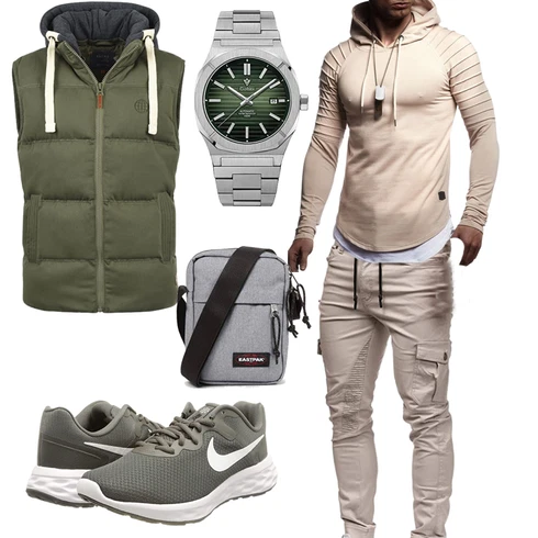 Schick Khaki/Beige Wickel Pullover/Strick Hoodie/Sport Sweatshirt/Pullover mit Stehkragen/Ausgefallener Hoodie/Sport Hoodie Leif Nelson kombinierenLook: Goa, Moderne, Schön, Schick, Leger, Empire, Coole, Outdoor, Techno