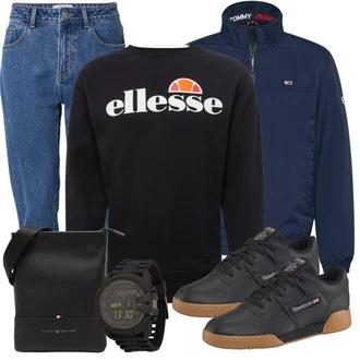 Outfit mit Blau/HellBlau Mom Jean/High Waist Jeans/Dad Jeans/Tapered-Jeans/Girlfriend Jeans/Vintage Jeans/Herren Lederjacke DAN FOX APPAREL "Freizeit Outfit"