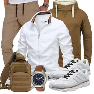 Outfit mit Weiß/Creme/Rot ShirtJacke/TrachtenstrickJacke/Jacke mit Seitlichem Reißverschluss/SportJacke/UniformJacke/BomberJacke/FrühlingsJacke/SommerJacke/CollegeJacke AIEOE "Freizeit Outfit"