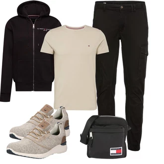 Outfit mit Schwarz/Khaki/Dunkelgrau Cargohose/Funktionshose/Zip Off Hose/Cargo-Jogginghose/Trekkinghose/Winterhose Jack & Jones "Freizeit Outfit"