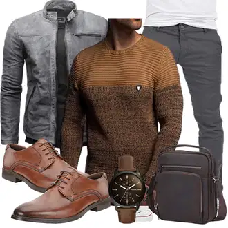 Outfit mit Dunkelgrau/Grau/Dunkelblau Leder Bomberjacke/Motorradjacke/Bikerjacke/Jacke mit Seitlichem Reißverschluss/KunstLederjacke Crone "Freizeit Outfit"