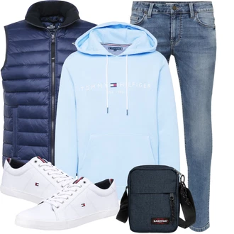 Esthetische Outfit mit Blau/Hellblau Ausgefallener Hoodie/Hoodie/Partner Hoodie/Sport Hoodie/Sport Sweatshirt/Unisex Hoodie/Vintage Hoodie Tommy Hilfiger "Freizeit Outfit für den Frühling"Look: Uni, Empire, Esthetische, Classic, Französische, Hip Hop, Oversize, Preppy, Skater, Sportlich, Unisex