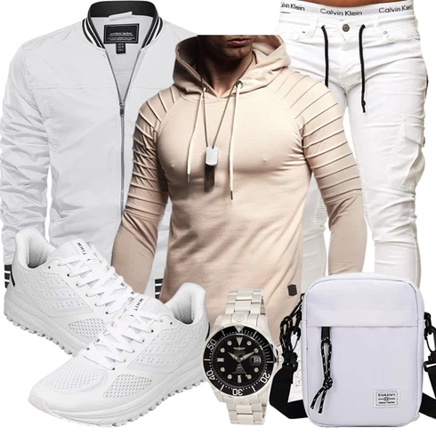 Schick Khaki/Beige Wickel Pullover/Strick Hoodie/Sport Sweatshirt/Pullover mit Stehkragen/Ausgefallener Hoodie/Sport Hoodie/Kapuzenpullover Leif Nelson kombinierenLook: Leger, Schick, Moderne, Goa, Coole, Empire, Outdoor, Schön, Techno