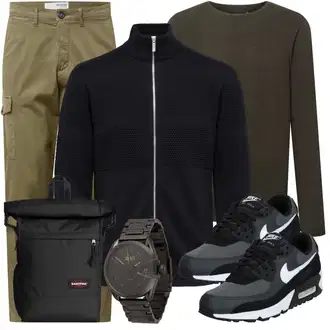 Outfit mit Dunkelgrün/Khaki Basic Pullover/Feinstrickpullover/Rundhals Pullover/Einfacher Pullover/Wollpullover/Kaschmir Pullover Indicode Jeans "Freizeit Outfit"