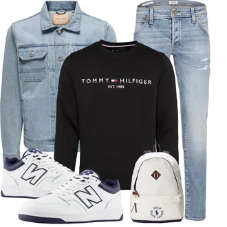90er Outfit mit Schwarz/Silber/Mischfarben Große Größe Sweatmode/Damen Pullover/Sport Sweatshirt Tommy Hilfiger "Freizeit Outfit"Look: Rad, Skater, 80er, Zuhause, 90er, Militär, Hipster