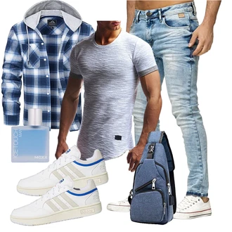 Outfit mit Blau/Hellblau/Grau/Dunkelblau Kariertes Hemd MAGCOMSEN "Freizeit Outfit"