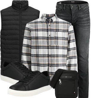 Outfit mit Dunkelgrau/Grau/Hellgrau Slim Fit Jeans/Winterjacke/Lederjacke/Leder Schuhe/Low Rise Jean/Jeans mit Schlitz/Thermojeans/Herren Lederjacke/Knöchelstiefel/Tapered-Jeans/Damen 7/8-Länge Jeans/Regular-Fit Jeans/Straight Leg Jean Jack & Jones "Freizeit Outfit"