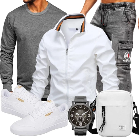 Weiß/Creme/Schwarz/Dunkelblau/Rot Shirtjacke/Trachtenstrickjacke/Sportjacke/Bomberjacke/Frühlingsjacke/Uniformjacke/Sommerjacke/Collegejacke AIEOE kombinieren