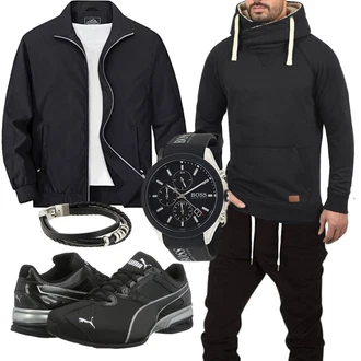 Groß Outfit mit Schwarz/Dunkelgrau Sport Sweatshirt/Unisex Hoodie/Hoodie/Ausgefallener Hoodie/Strick Hoodie/Pullover mit Reißverschluss/2-in-1 Pullover/KapuzenPullover Blend "Freizeit Outfit"