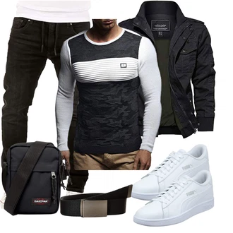 Outfit mit Schwarz Wollpullover Leif Nelson "Freizeit Outfit"