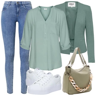 Elegantní Outfit s Tyrkysový/Zelená/Světle modrá/Světle zelená Blůza s knoflíčkem/Dlouhá Halenka/Halenka S 3/4 Rukávem/Slip-on Halenka/Kožená bunda/Halenkový Top/Tunikové Tričko/Jednobarevná Halenka/Klasická tunika Lascana "Ležérní Outfit"Look: Styl, Elegantní, Mom, Old Money, Bezešvé, Chytrý příležitostný, Univerzitní